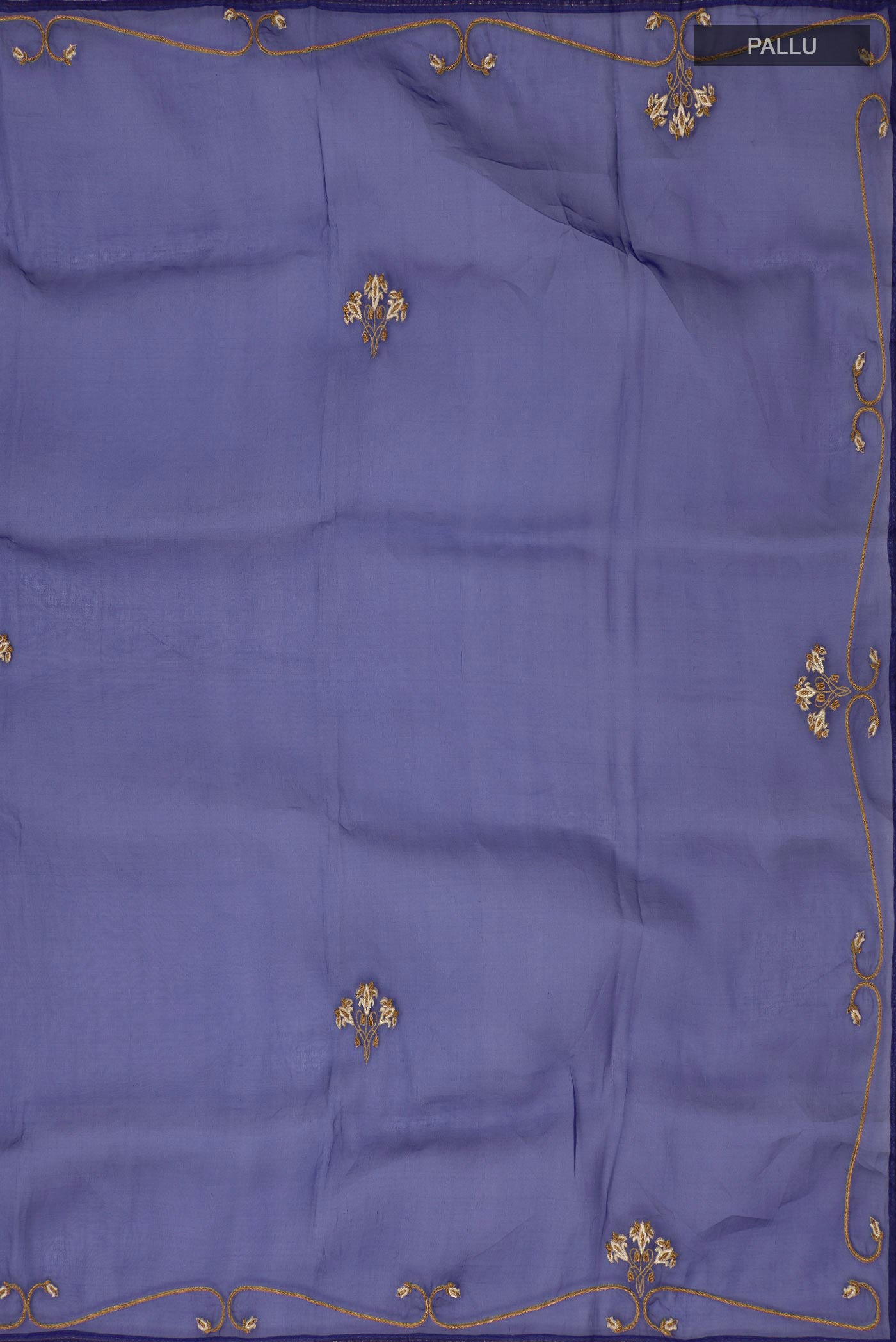 Close up image of the pallu of Blue Organza Silk Saree with Embroidery on the body and Embroidery Border