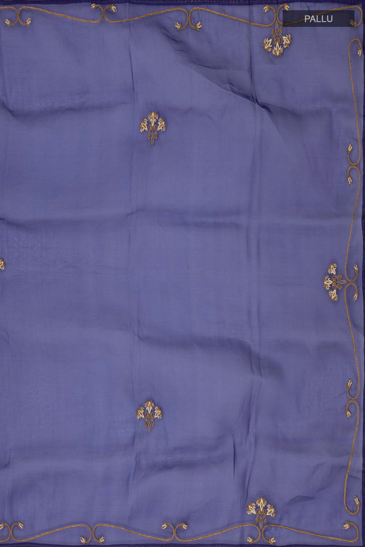 Close up image of the pallu of Blue Organza Silk Saree with Embroidery on the body and Embroidery Border