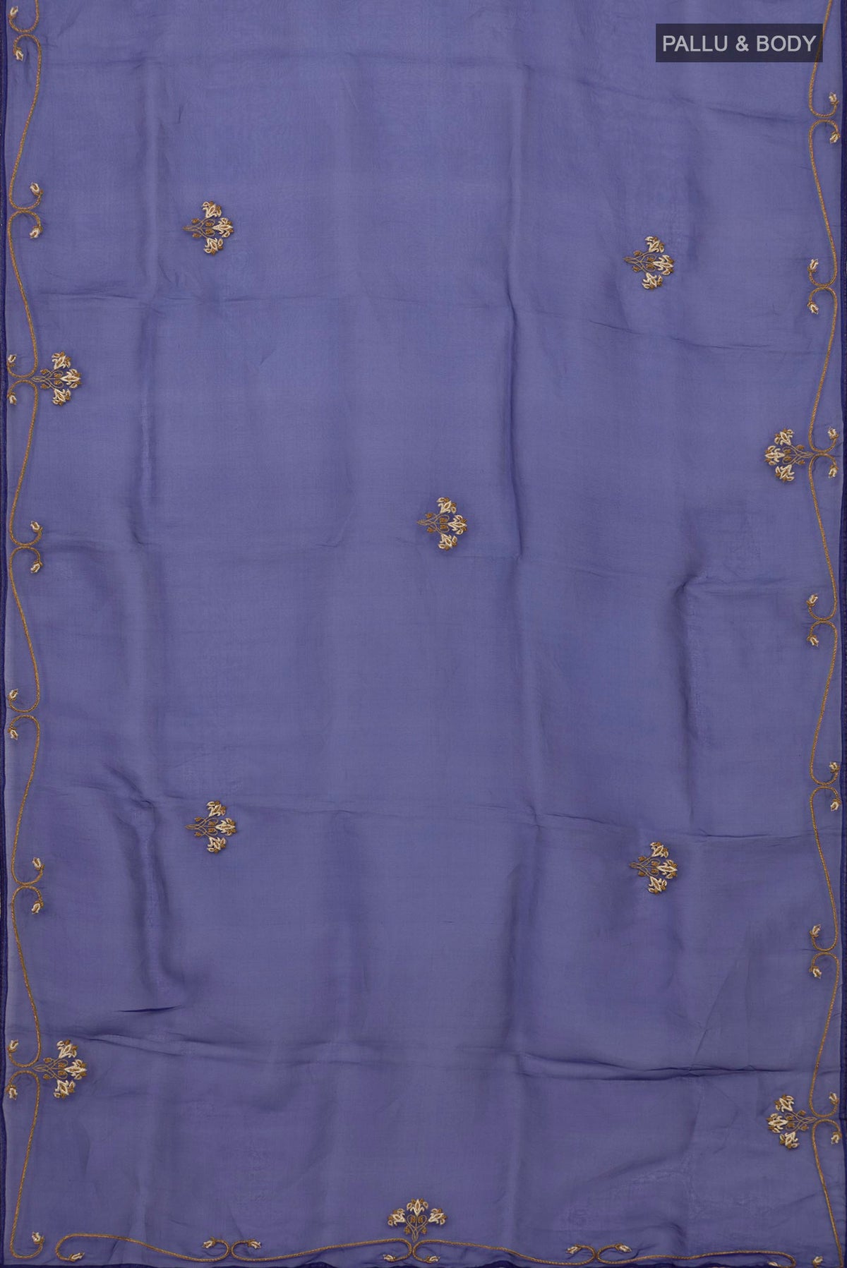 Flat view of Blue Organza Silk Saree with Embroidery on the body and Embroidery Border