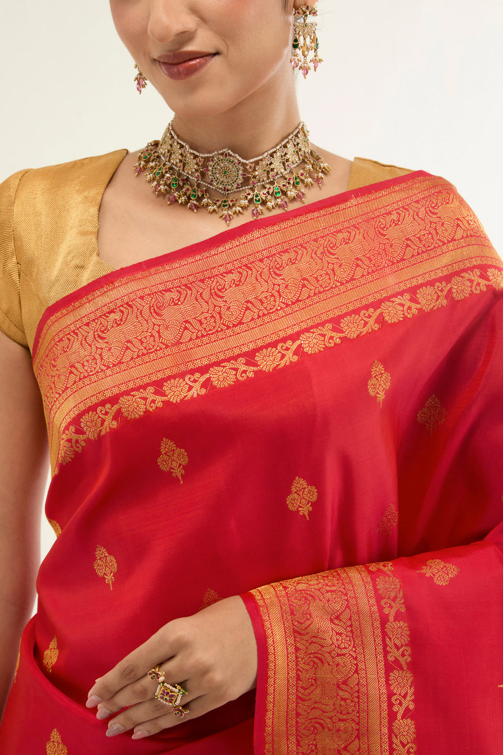 Border image of Red Kanchipuram Silk Saree with Zari Brocade on the body and Zari Border