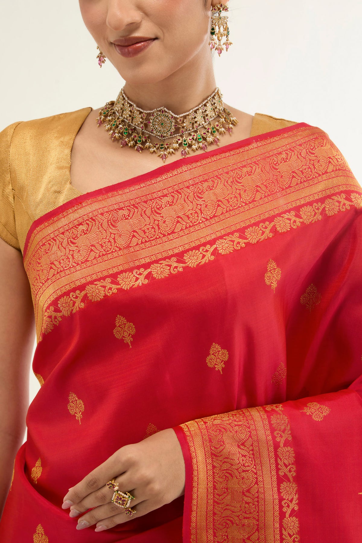 Border image of Red Kanchipuram Silk Saree with Zari Brocade on the body and Zari Border