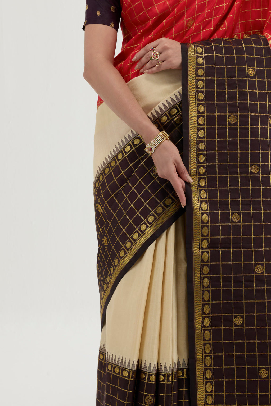 Close up image of the blouse of Multi Color Kanchipuram Silk Saree with Plain Body and Checks Border