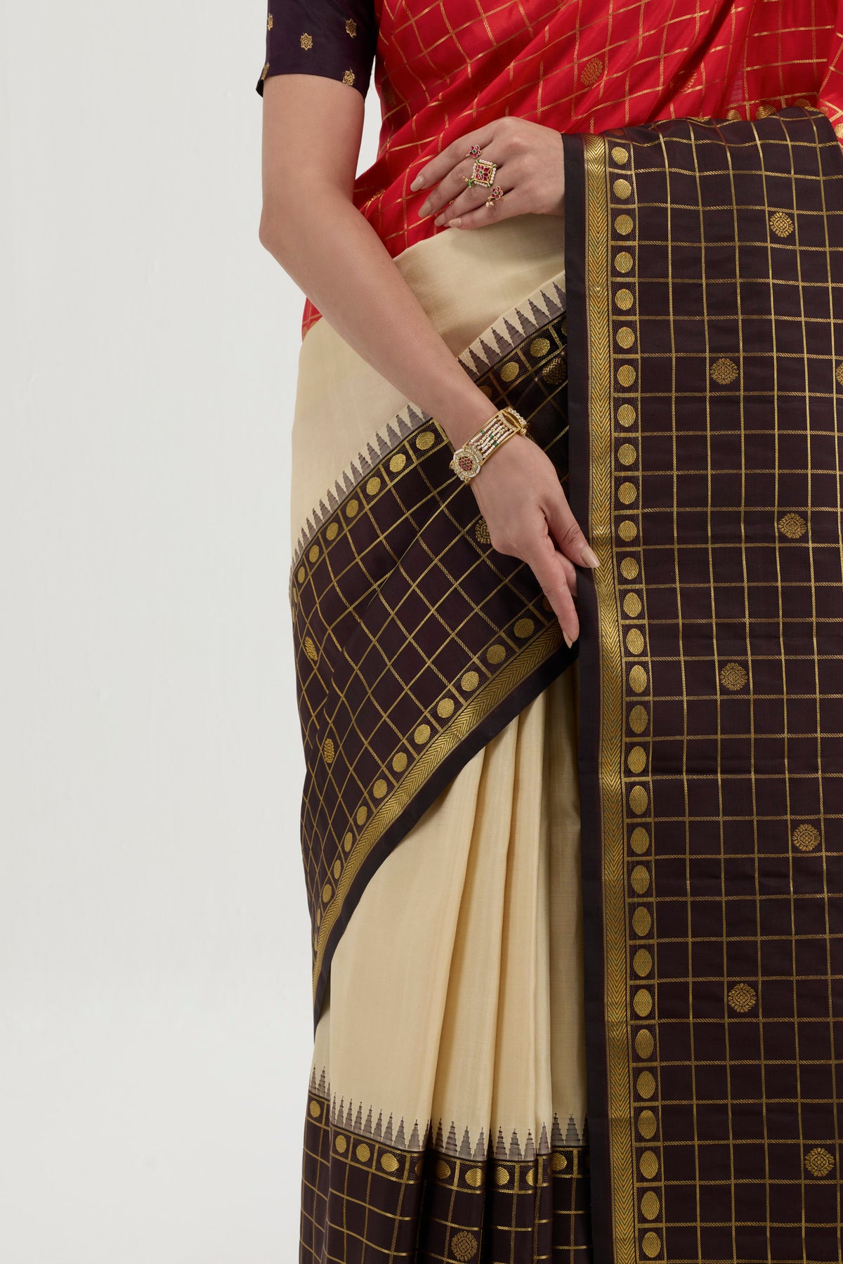 Close up image of the blouse of Multi Color Kanchipuram Silk Saree with Plain Body and Checks Border