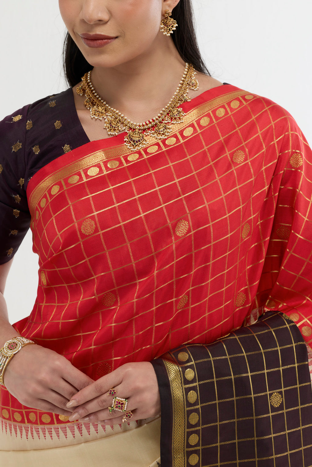 Border image of Multi Color Kanchipuram Silk Saree with Plain Body and Checks Border