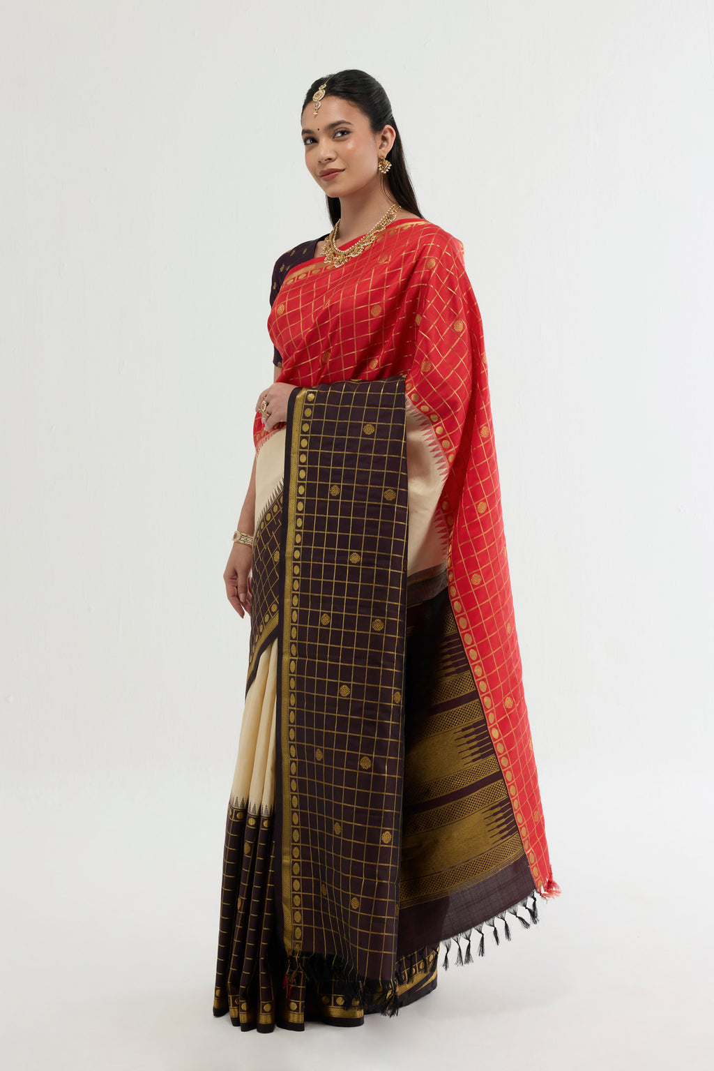 Close up of Multi Color Kanchipuram Silk Saree with Plain Body and Checks Border displaying folds