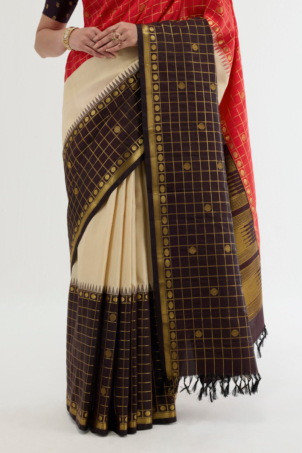 Pleats and pallu of Multi Color Kanchipuram Silk Saree with Plain Body and Checks Border