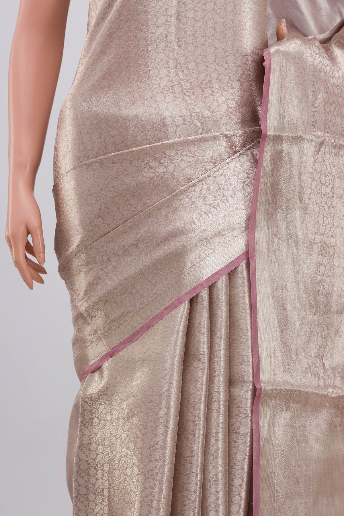 Close up of Pink Banarasi Silk Saree with Zari Brocade on the body and Zari Border displaying folds