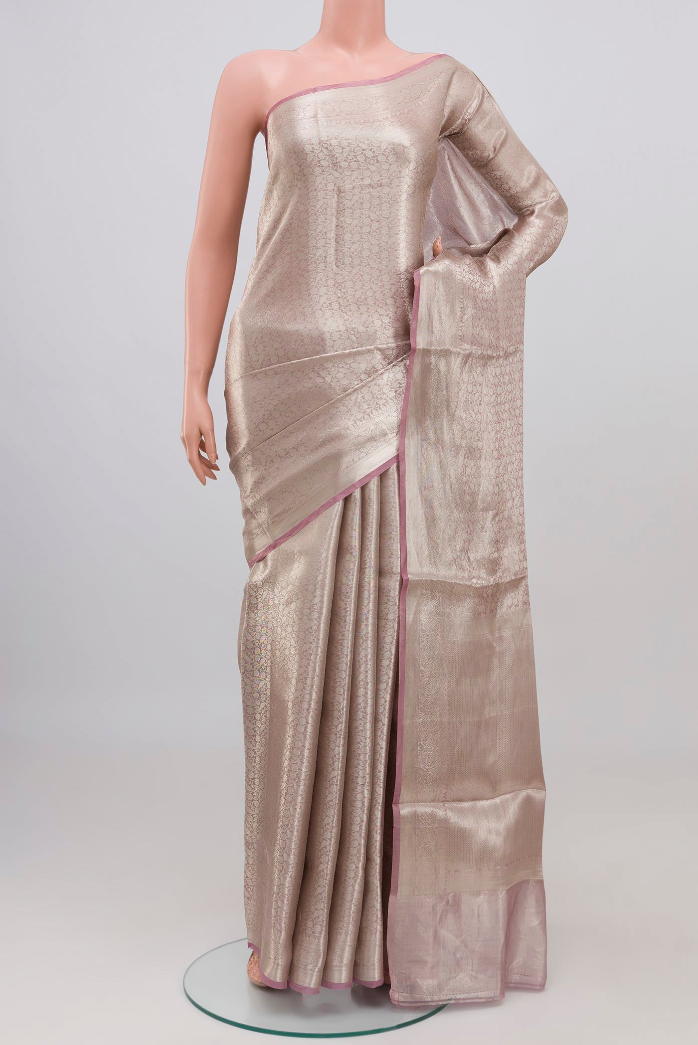 Pink Banarasi Silk Saree with Zari Brocade on the body and Zari Border displayed on a mannequin