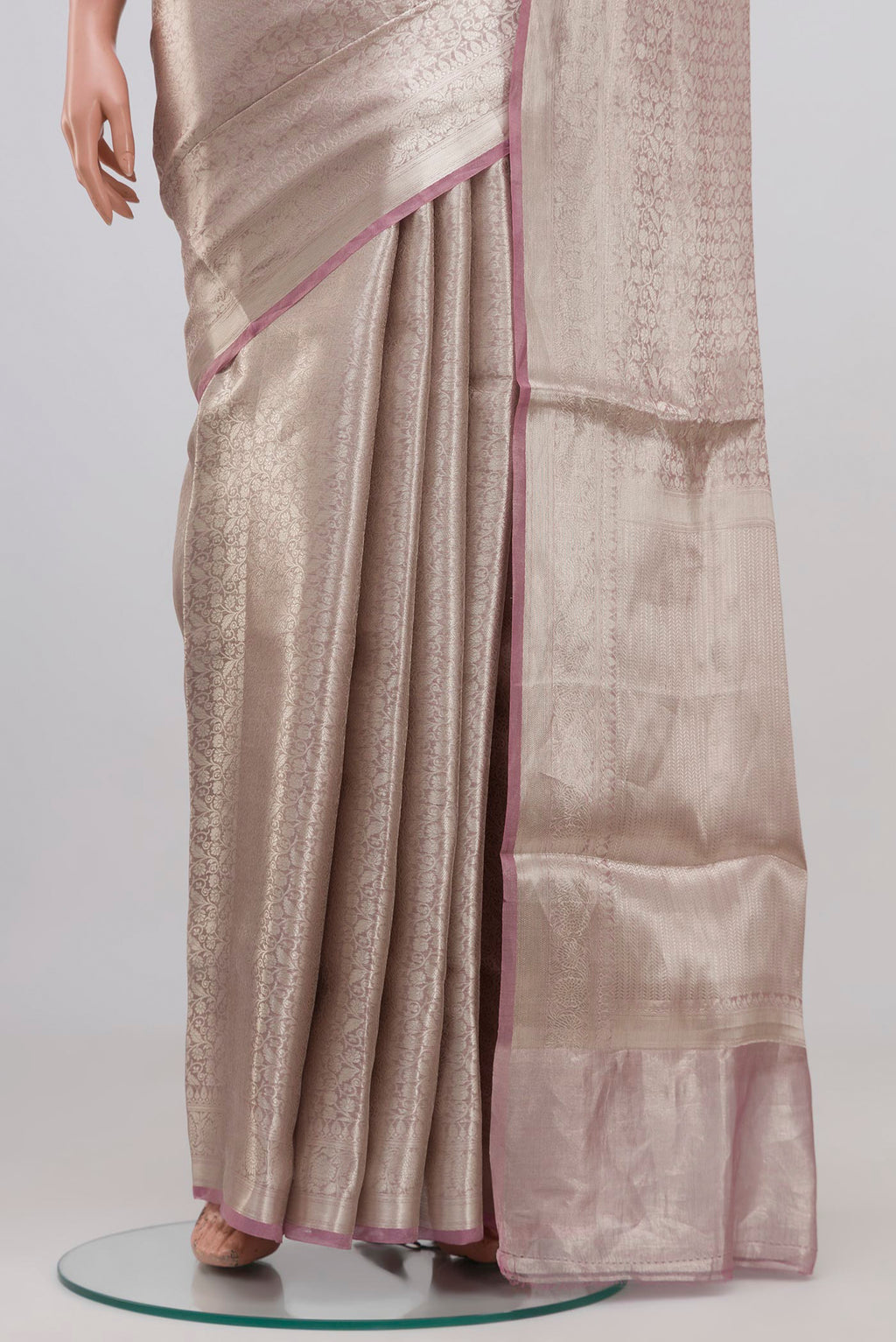 Pleats and pallu of Pink Banarasi Silk Saree with Zari Brocade on the body and Zari Border