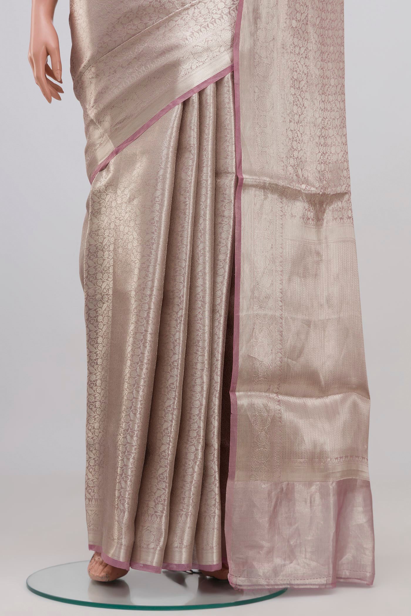 Pleats and pallu of Pink Banarasi Silk Saree with Zari Brocade on the body and Zari Border
