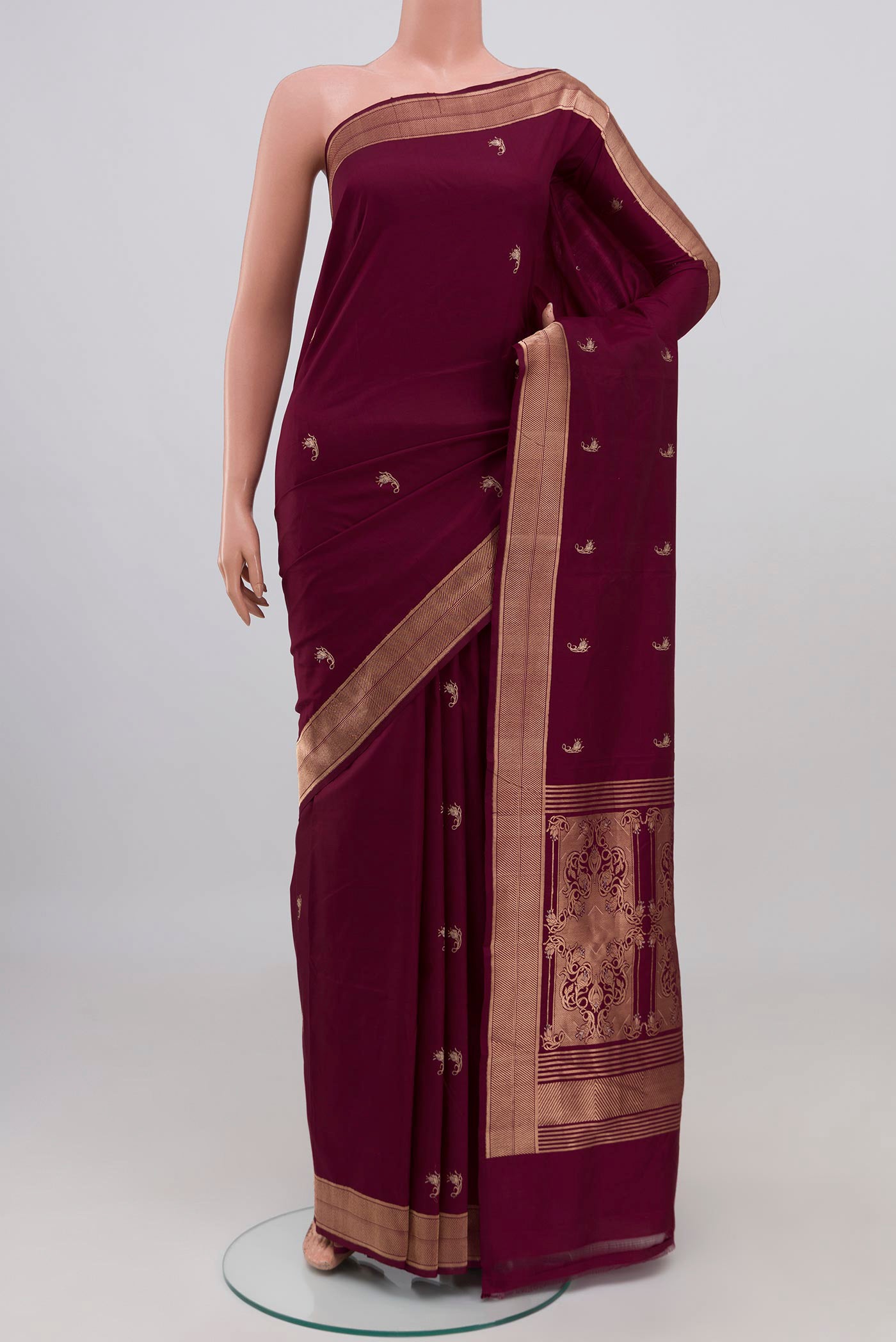 Purple Banarasi Katan Silk Saree with Zari Butta on the body and Zari Border displayed on a mannequin