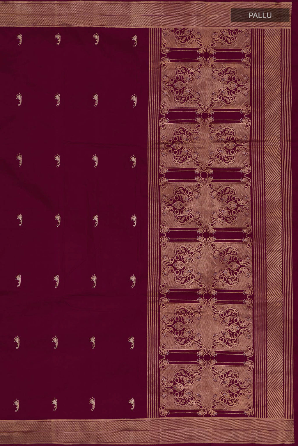 Close up image of the pallu of Purple Banarasi Katan Silk Saree with Zari Butta on the body and Zari Border