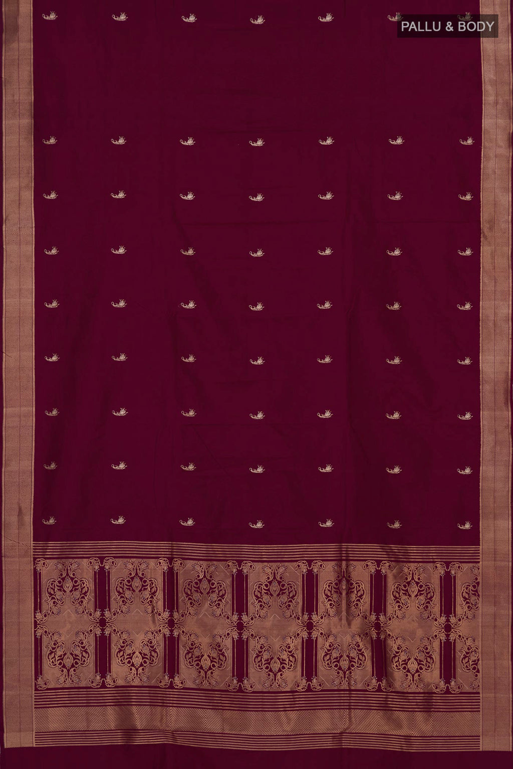 Flat view of Purple Banarasi Katan Silk Saree with Zari Butta on the body and Zari Border