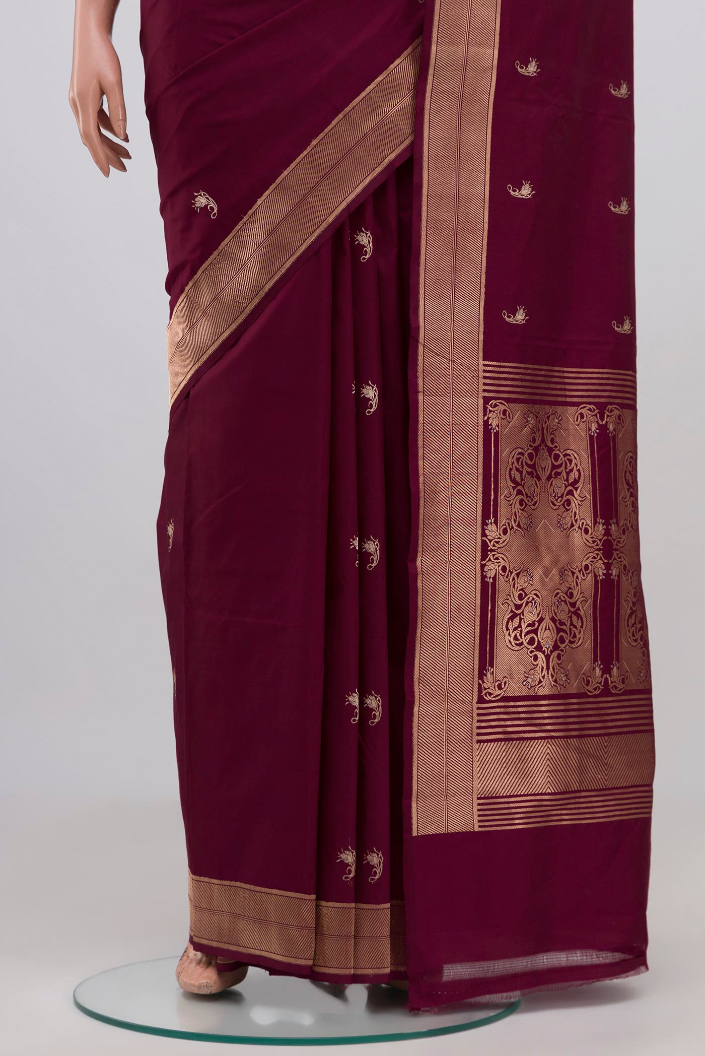 Pleats and pallu of Purple Banarasi Katan Silk Saree with Zari Butta on the body and Zari Border