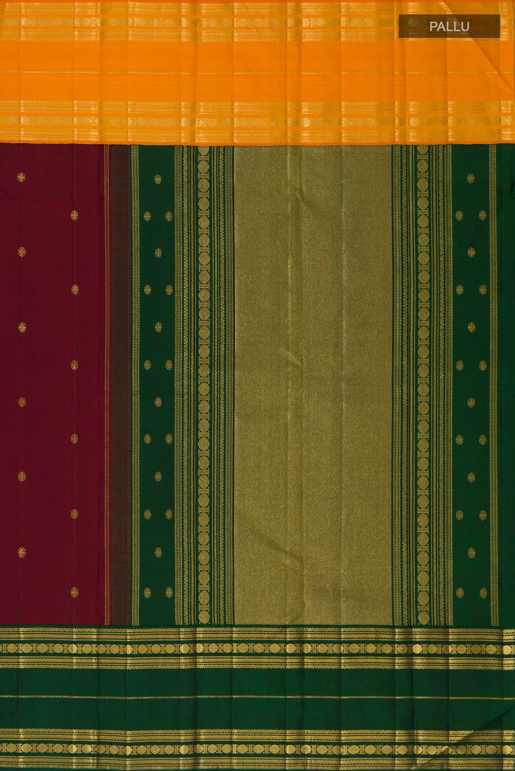 Close up image of the pallu of Maroon Kanchipuram Silk Saree with Zari Butta on the body and Ganga Jamuna Border