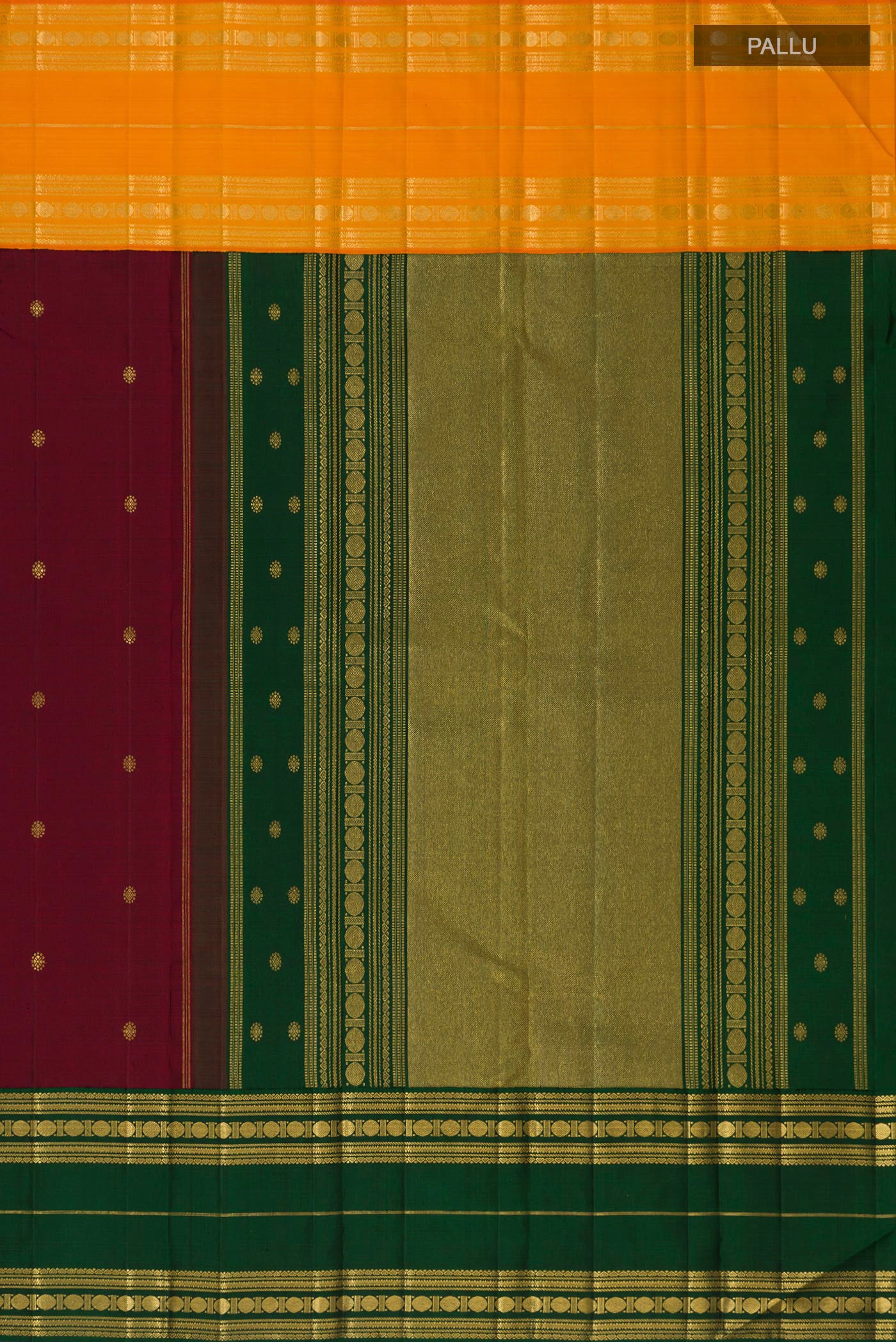 Close up image of the pallu of Maroon Kanchipuram Silk Saree with Zari Butta on the body and Ganga Jamuna Border