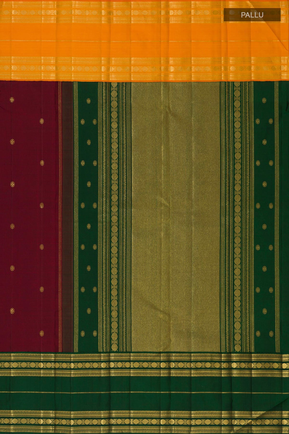 Close up image of the pallu of Maroon Kanchipuram Silk Saree with Zari Butta on the body and Ganga Jamuna Border