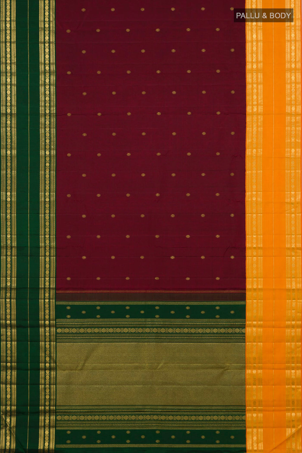 Flat view of Maroon Kanchipuram Silk Saree with Zari Butta on the body and Ganga Jamuna Border