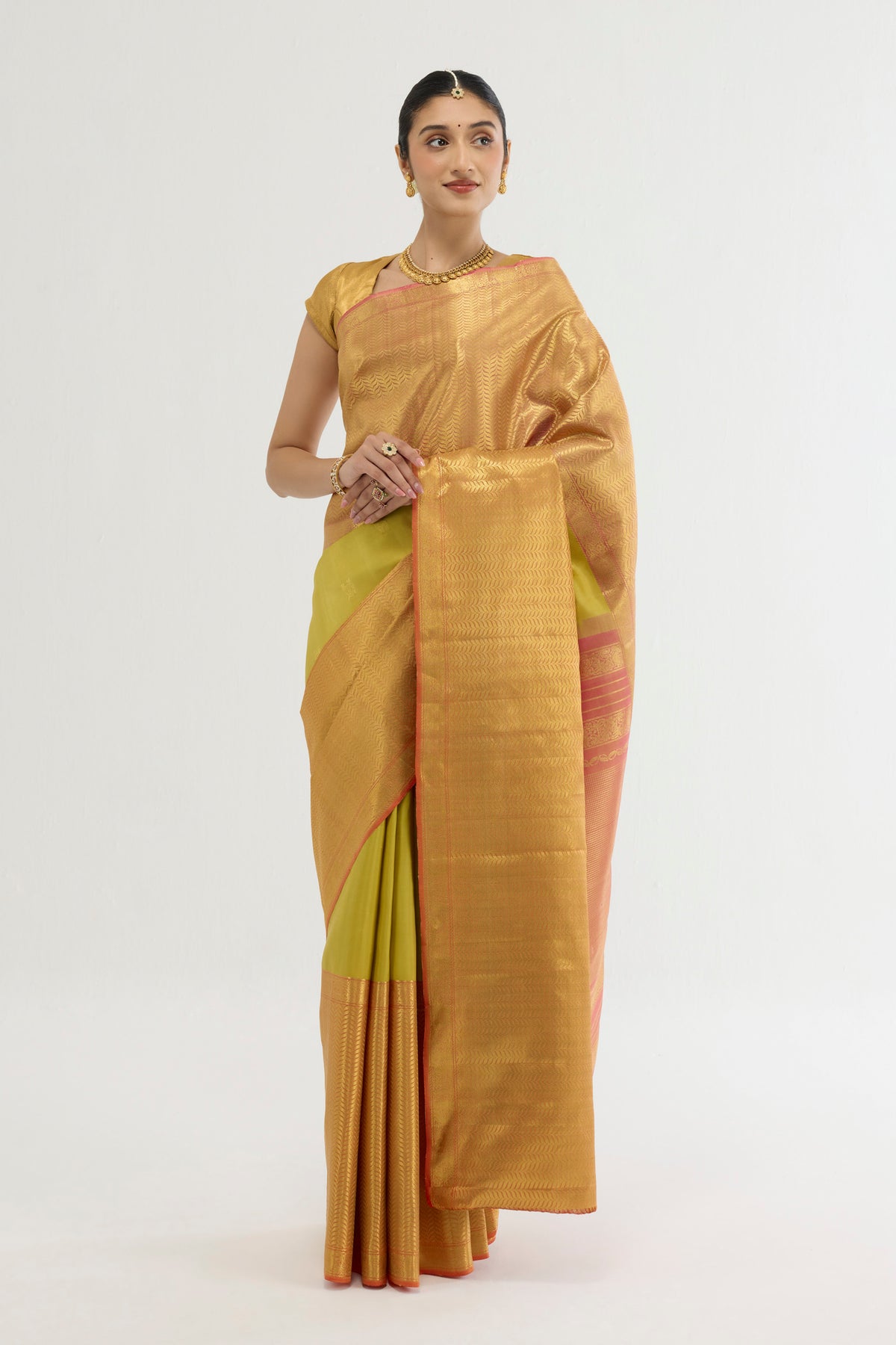 Multi Color Kanchipuram Silk Saree with Zari Butta on the body and Zari Border displayed on a mannequin