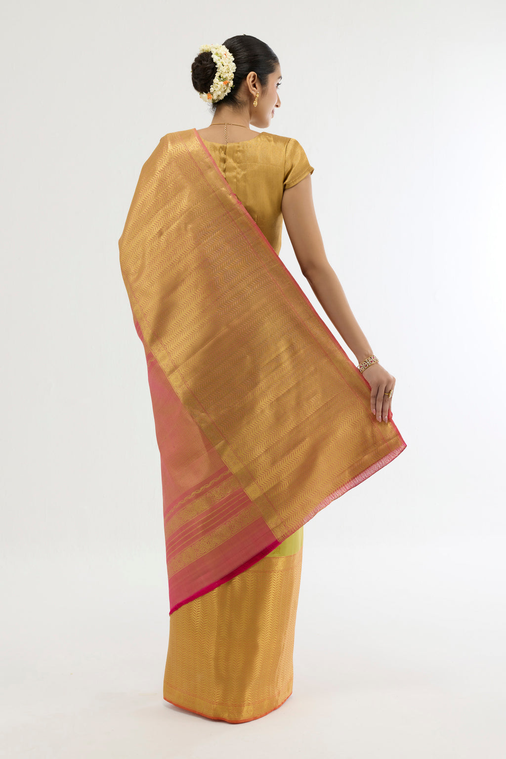 Flat view of Multi Color Kanchipuram Silk Saree with Zari Butta on the body and Zari Border
