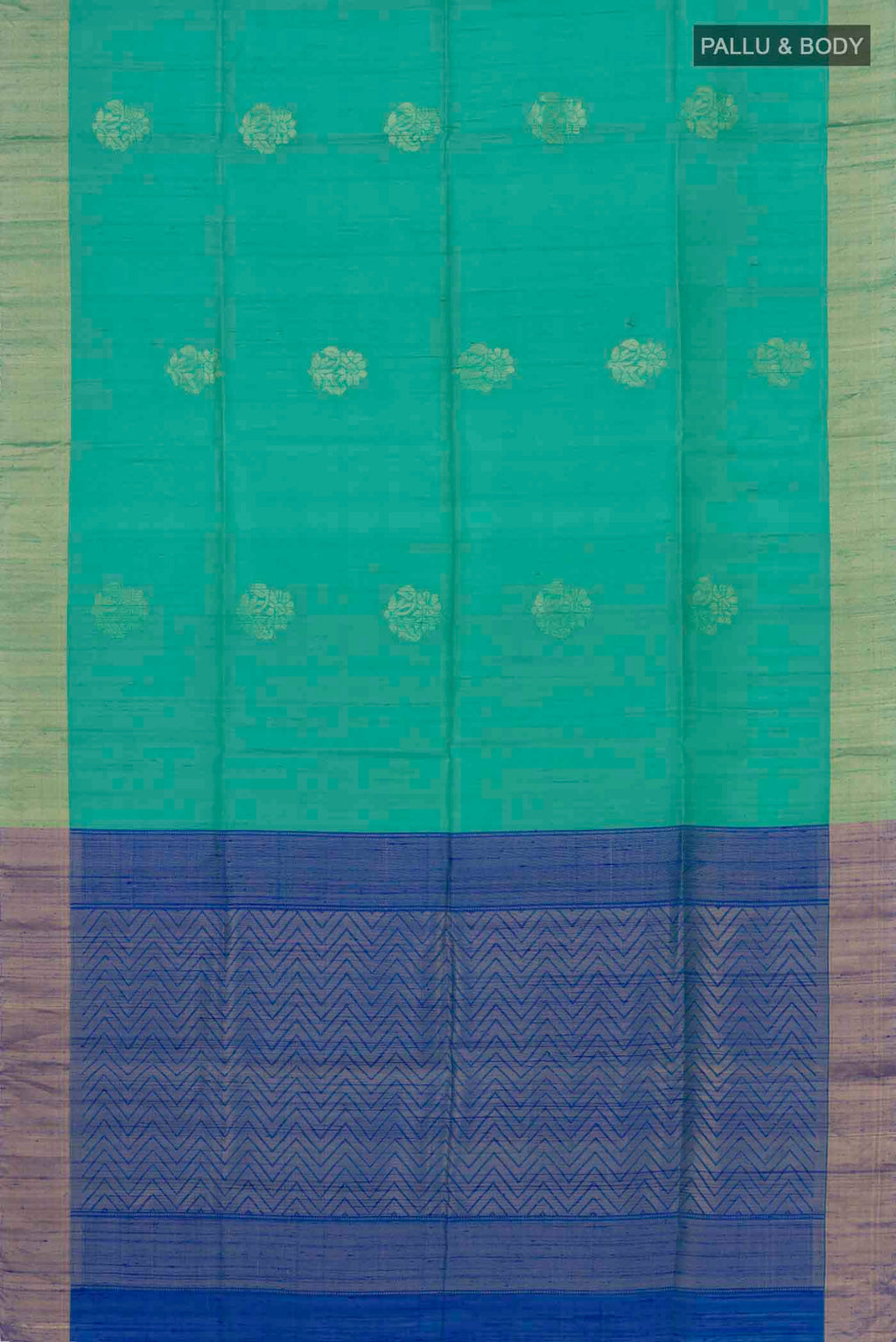 Flat view of Green Raw Silk Saree with Zari Butta on the body and Zari Border. 