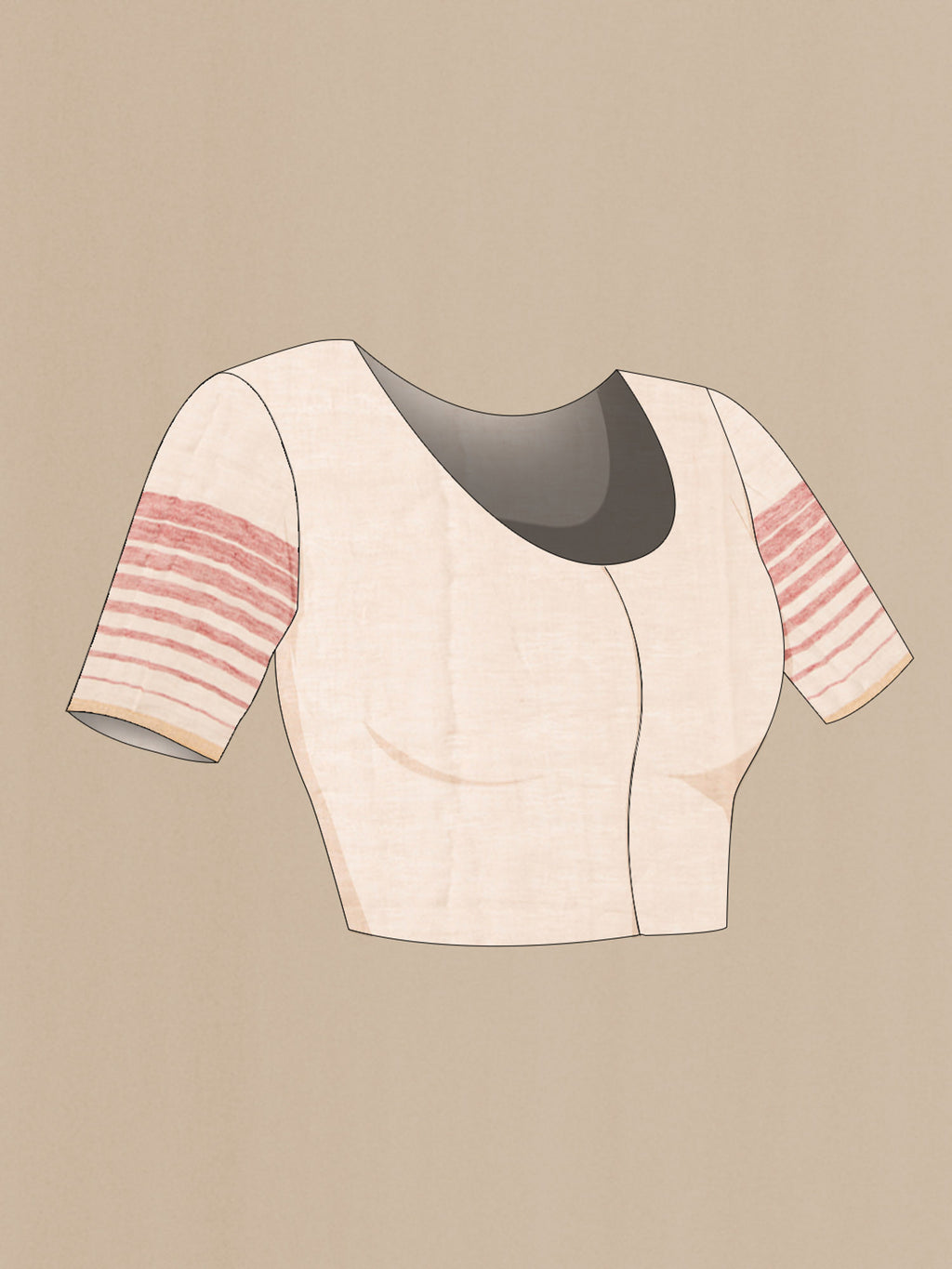 Close up image of the blouse of Cream Linen Saree with Stripes on the body and Checks Border. 