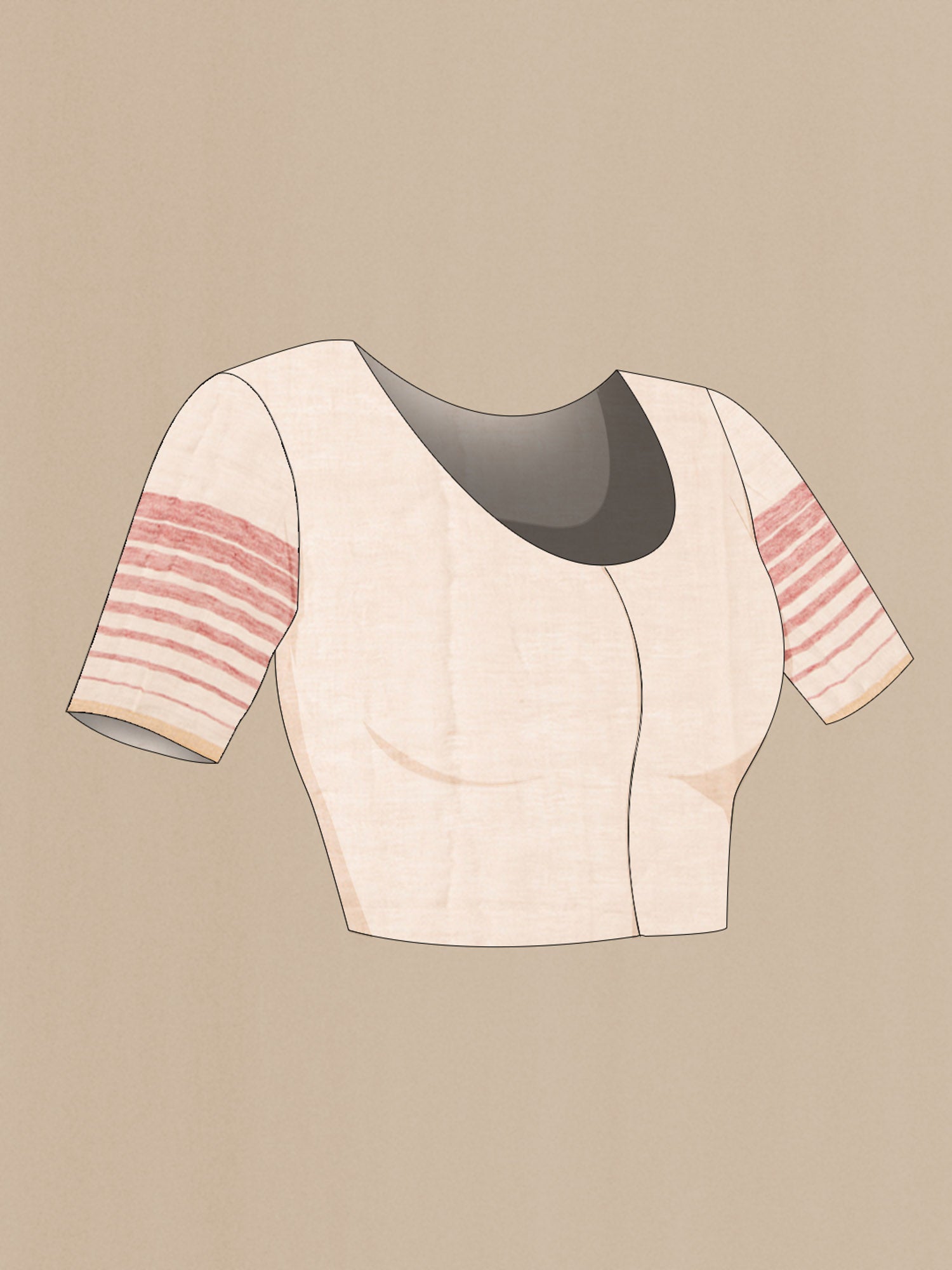 Close up image of the blouse of Cream Linen Saree with Stripes on the body and Checks Border. 