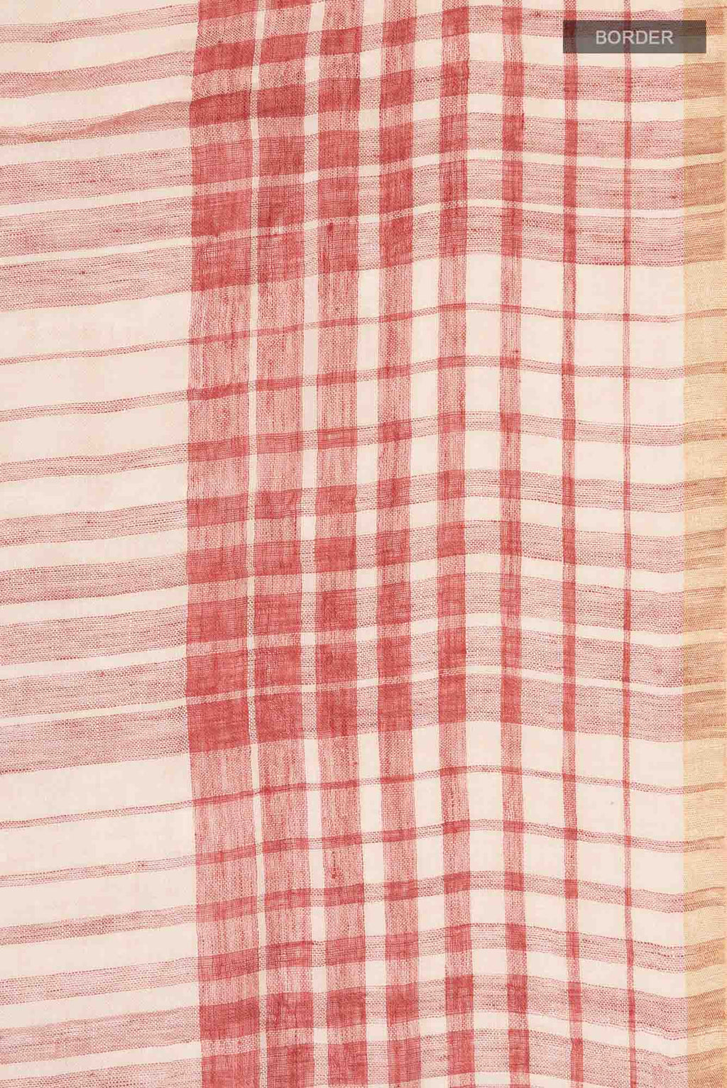 Border image of Cream Linen Saree with Stripes on the body and Checks Border. 