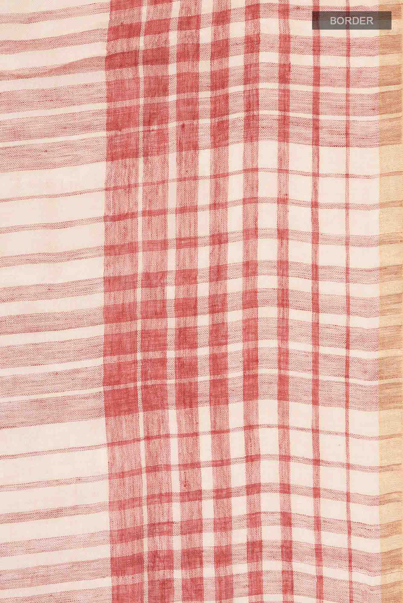 Border image of Cream Linen Saree with Stripes on the body and Checks Border. 