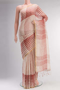 Cream Linen Saree with Stripes on the body and Checks Border.  displayed on a mannequin