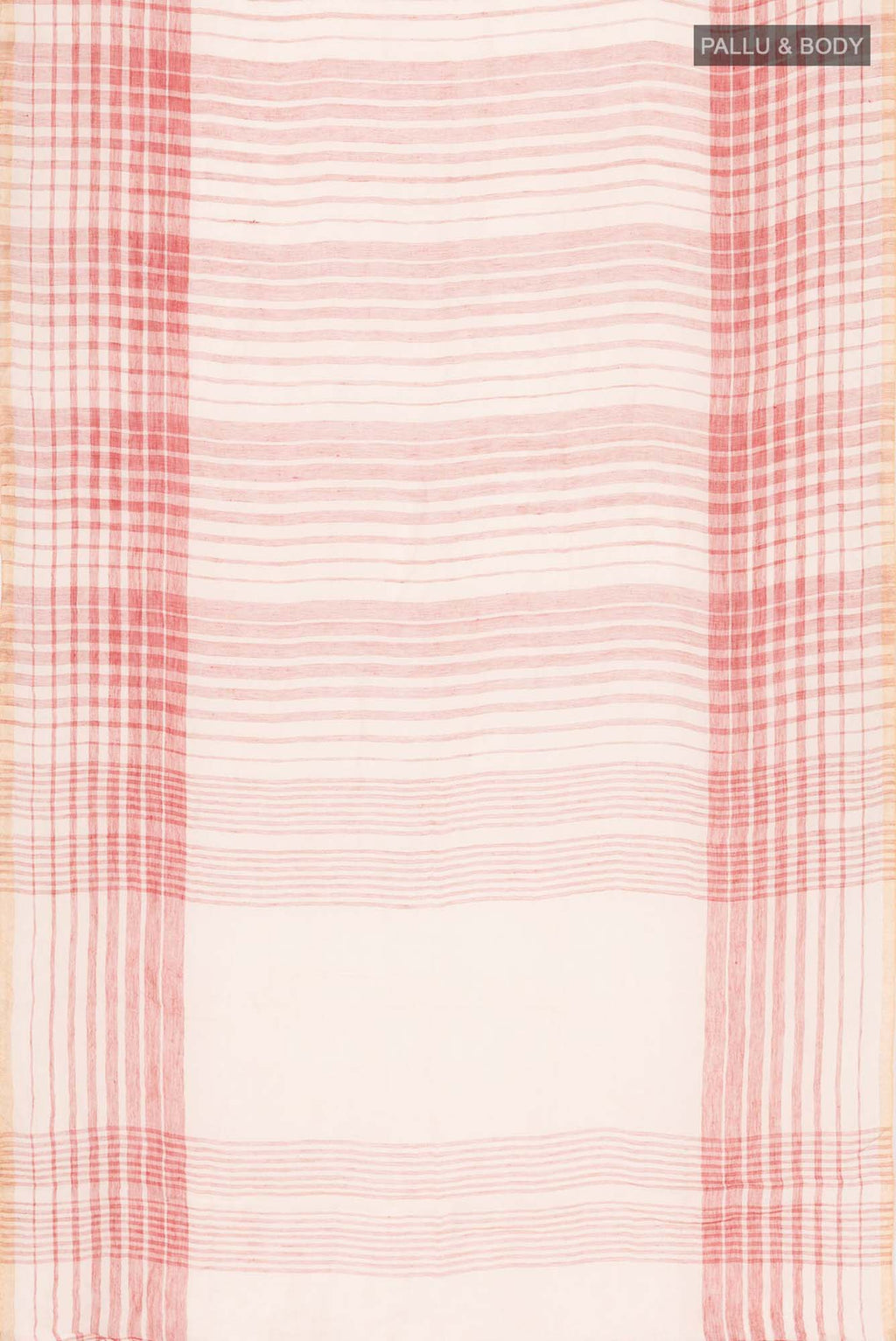 Flat view of Cream Linen Saree with Stripes on the body and Checks Border. 