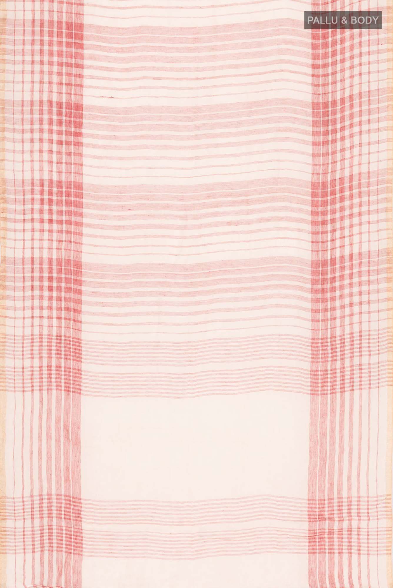 Flat view of Cream Linen Saree with Stripes on the body and Checks Border. 