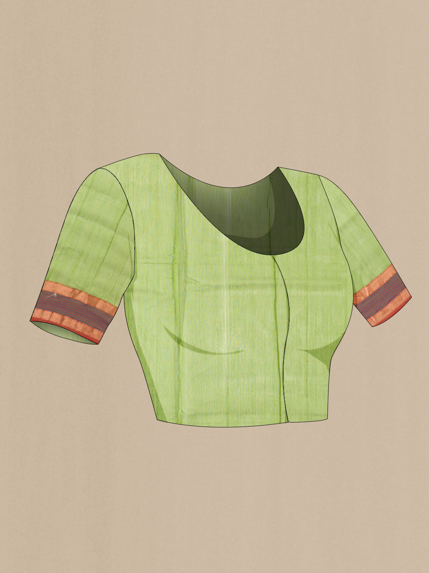 Close up image of the blouse of Green Maheshwari Silk Cotton Saree with Printed design on the body and Zari Border. 