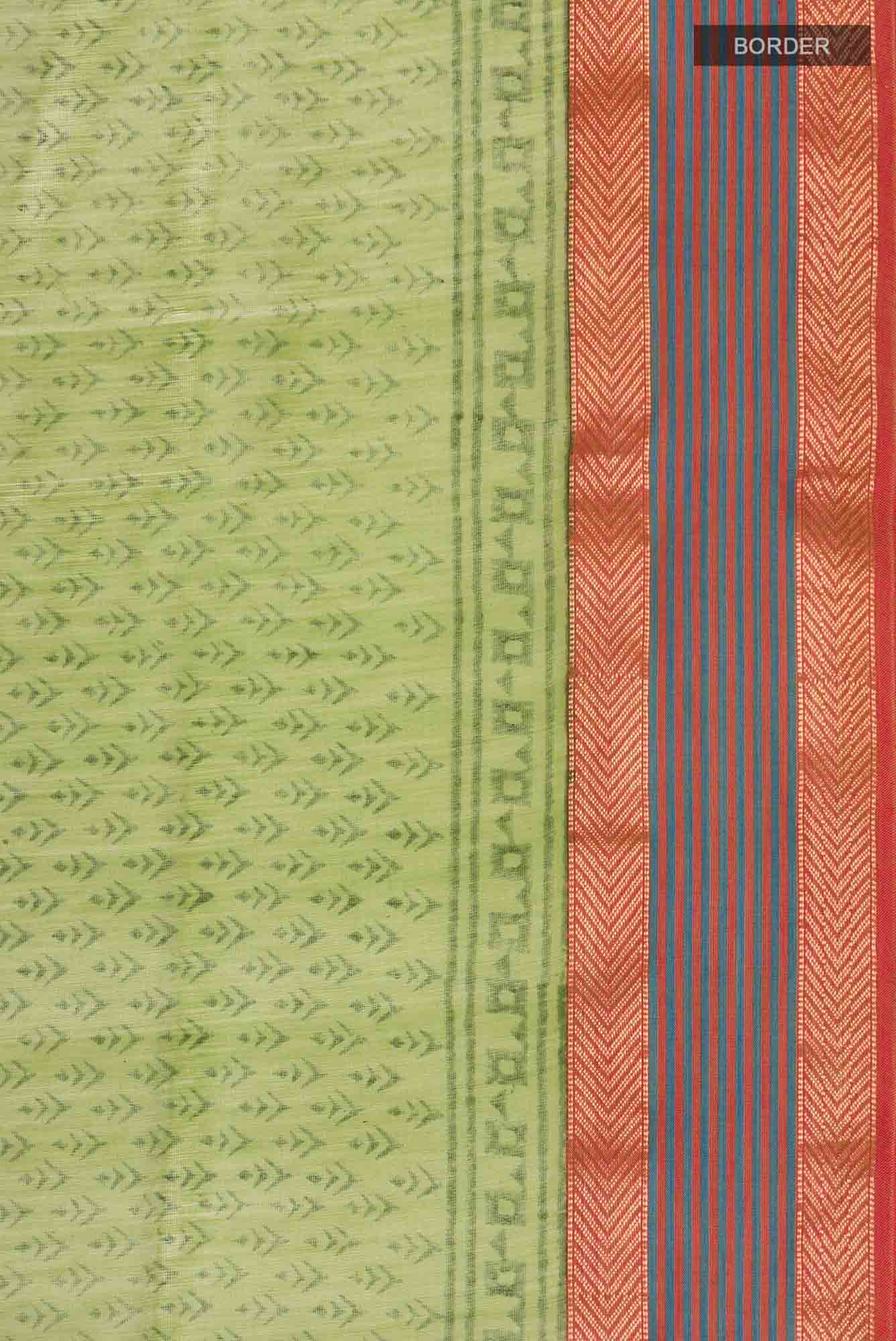 Border image of Green Maheshwari Silk Cotton Saree with Printed design on the body and Zari Border. 