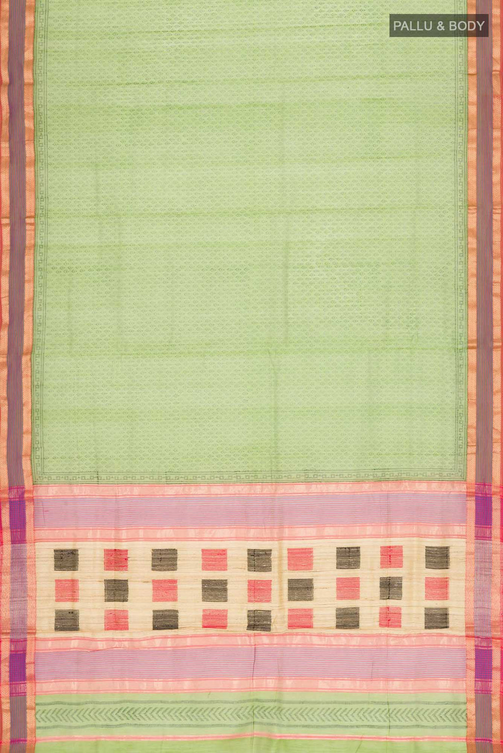 Flat view of Green Maheshwari Silk Cotton Saree with Printed design on the body and Zari Border. 