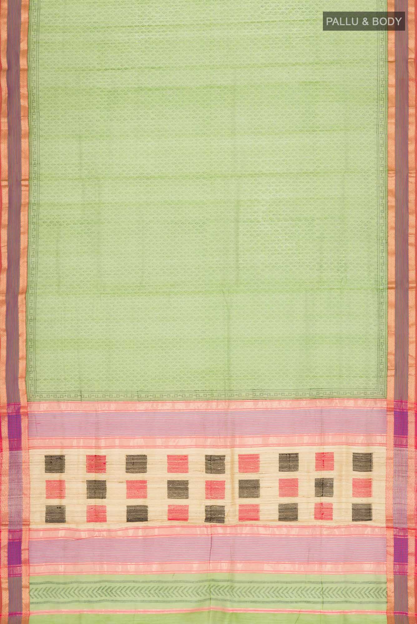 Flat view of Green Maheshwari Silk Cotton Saree with Printed design on the body and Zari Border. 
