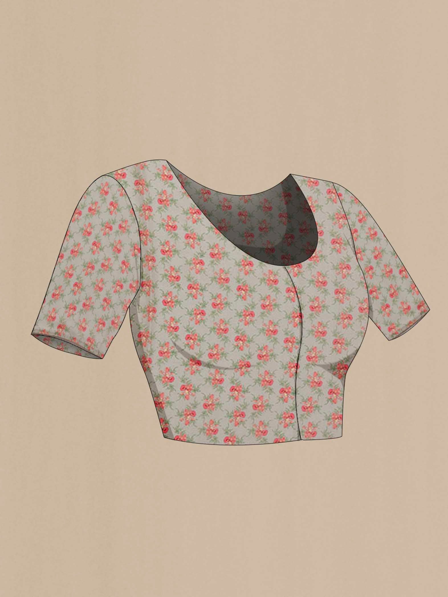 Close up image of the blouse of Green Blended Tussar Silk Saree with Printed design on the body and Embroidery Border. 