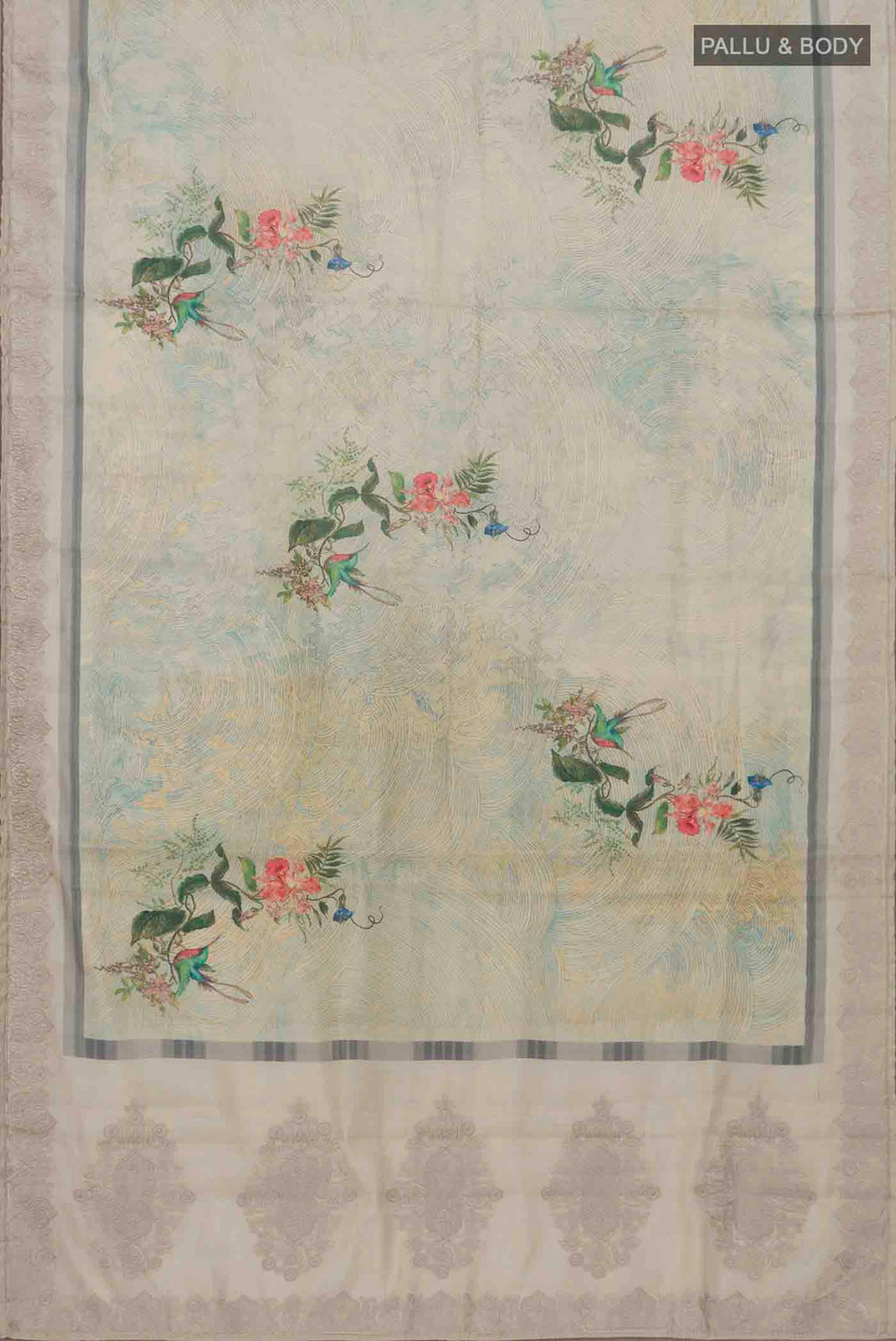 Flat view of Green Blended Tussar Silk Saree with Printed design on the body and Embroidery Border. 