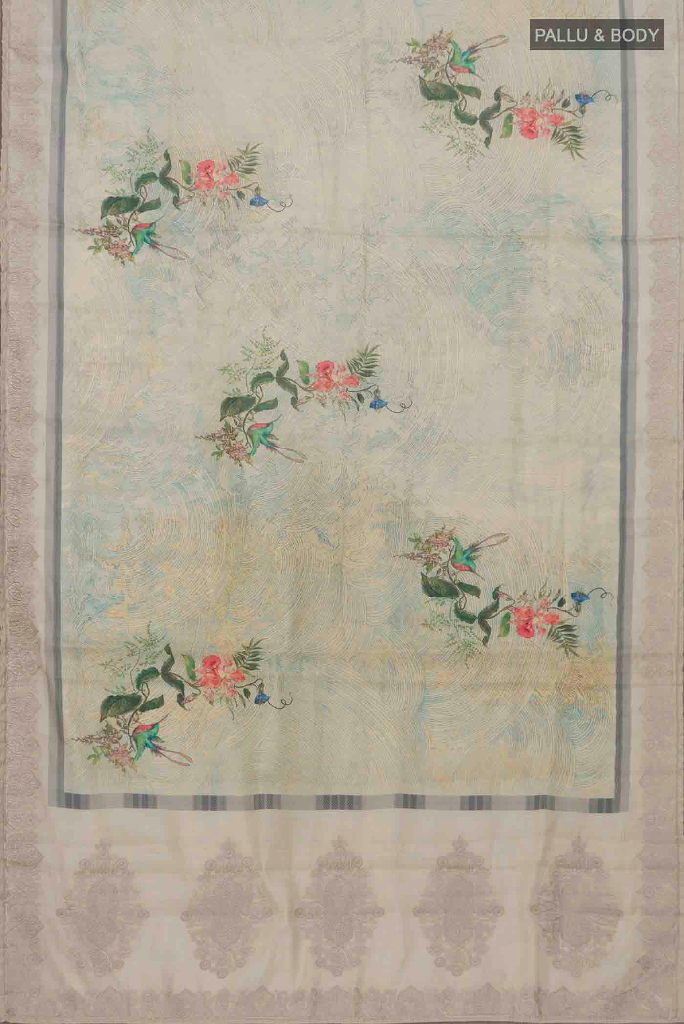 Flat view of Green Blended Tussar Silk Saree with Printed design on the body and Embroidery Border. 