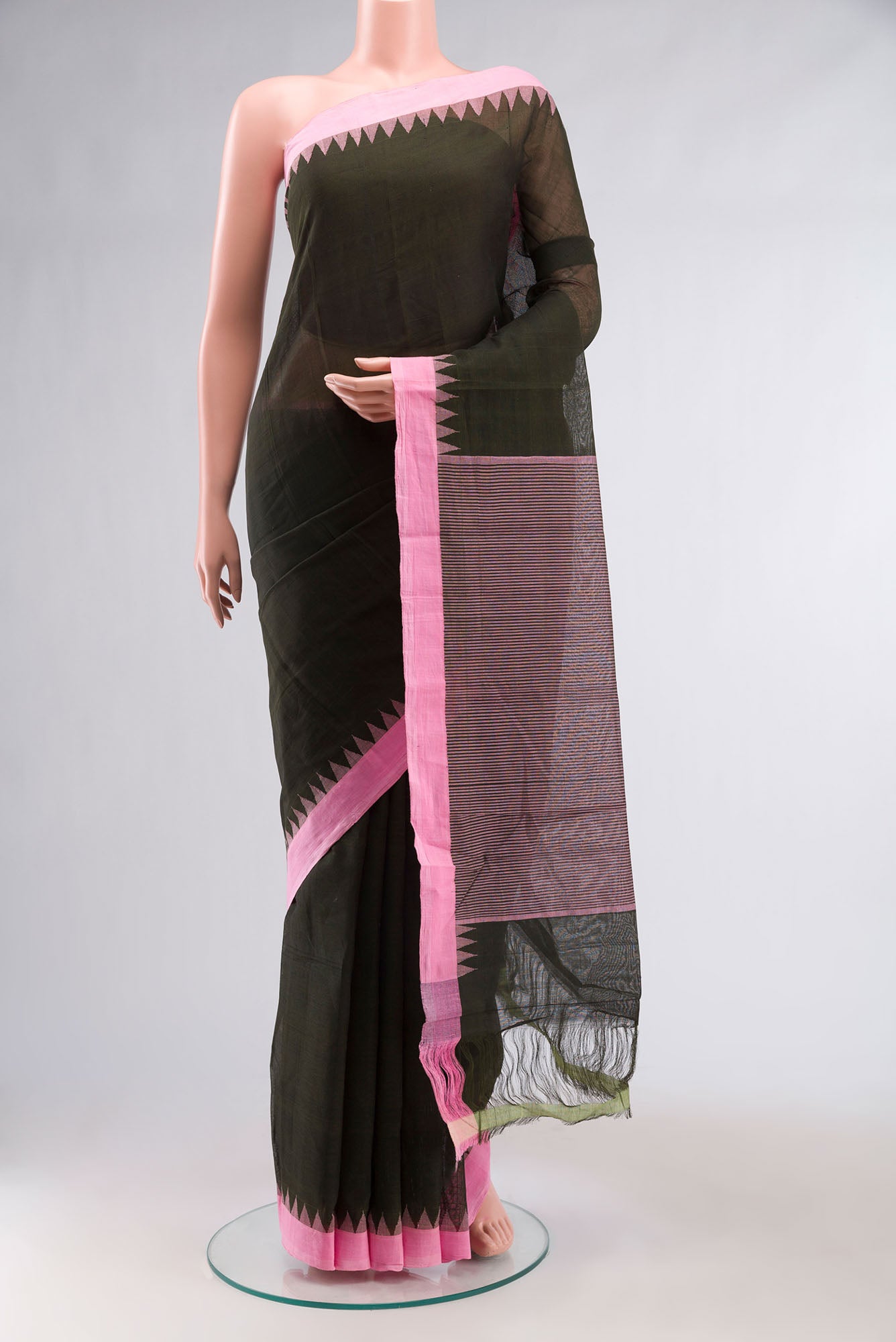 Green Orissa Cotton Saree with Plain Body and Plain Border.  displayed on a mannequin
