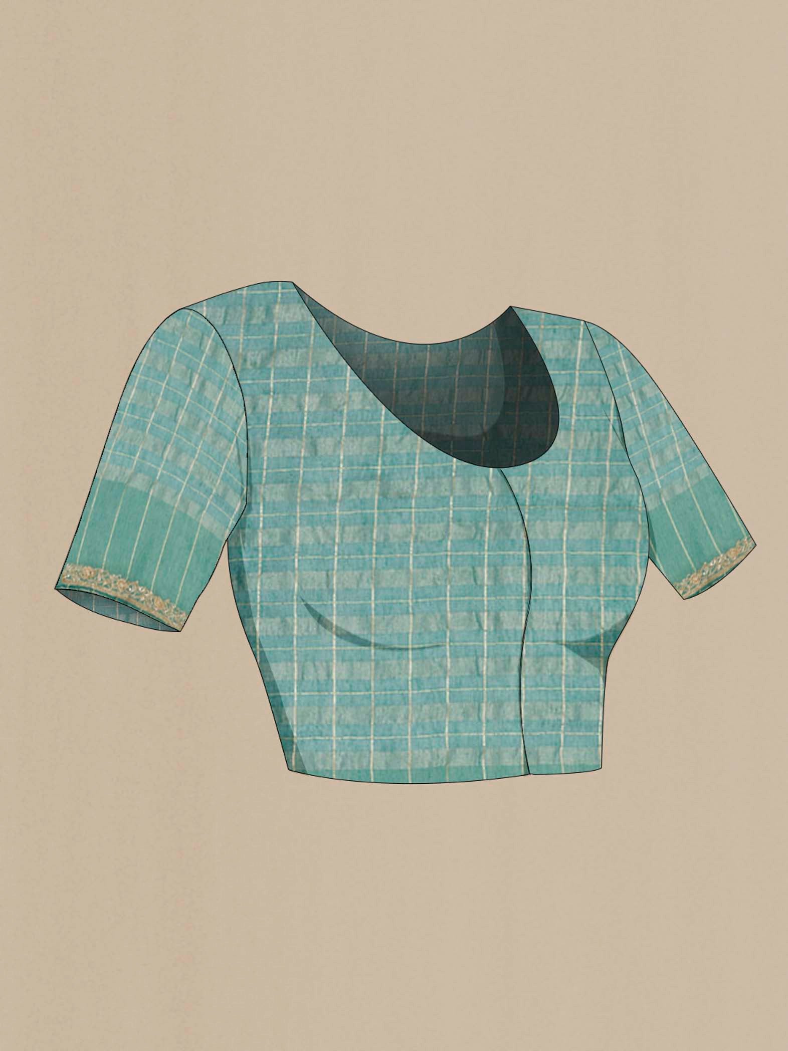 Close up image of the blouse of Green Linen Saree with Checked design on the body and Embroidery Border. 