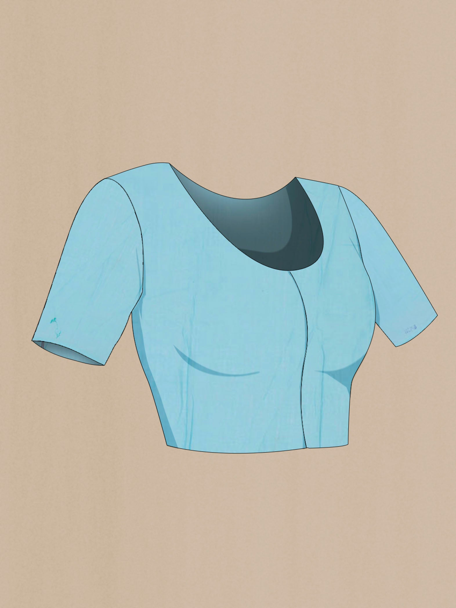 Close up image of the blouse of Blue Chikankari Cotton Saree with Embroidery on the body and Embroidery Border. 