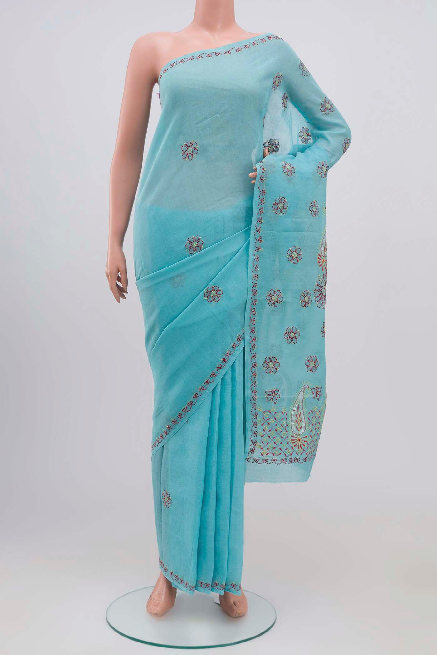 Blue Chikankari Cotton Saree with Embroidery on the body and Embroidery Border.  displayed on a mannequin