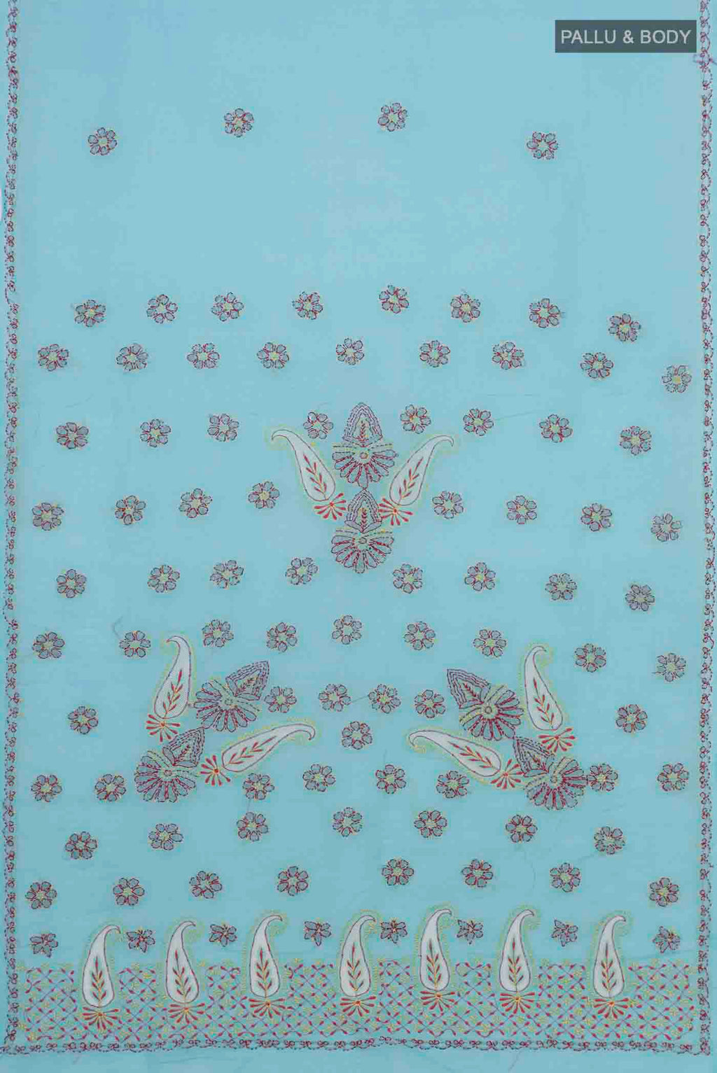 Flat view of Blue Chikankari Cotton Saree with Embroidery on the body and Embroidery Border. 