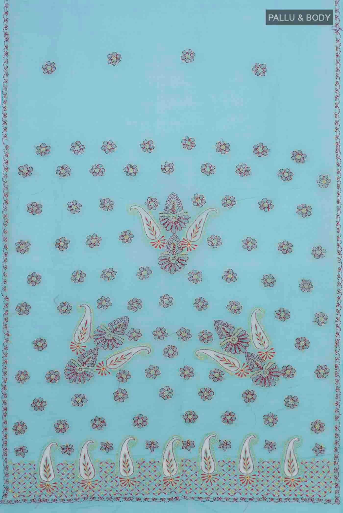 Flat view of Blue Chikankari Cotton Saree with Embroidery on the body and Embroidery Border. 