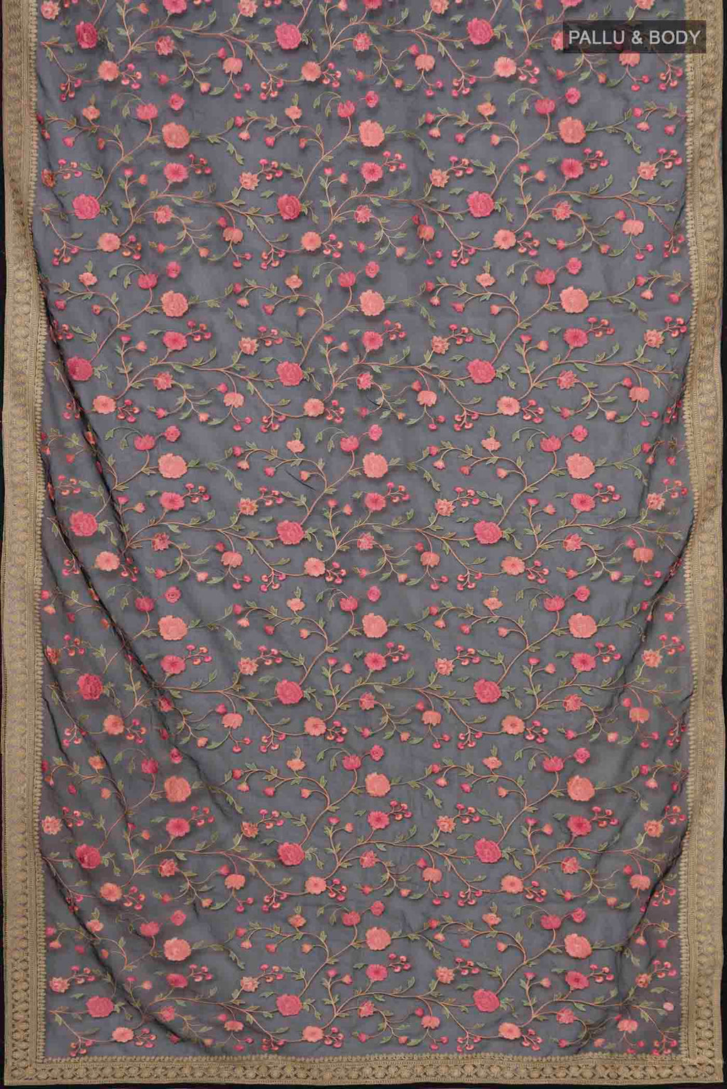 Flat view of Black Blended Organza Silk Saree with Embroidery on the body and Embroidery Border. 