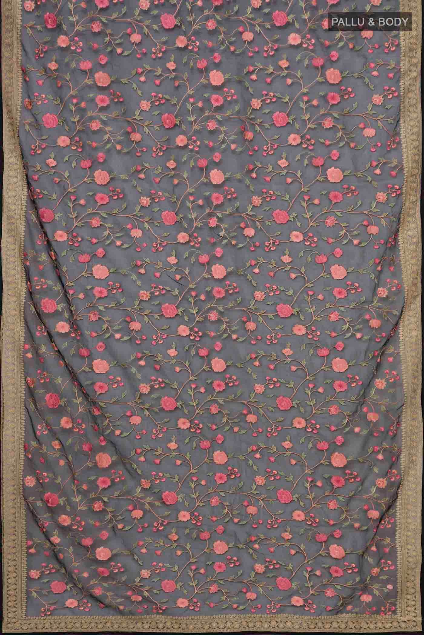 Flat view of Black Blended Organza Silk Saree with Embroidery on the body and Embroidery Border. 