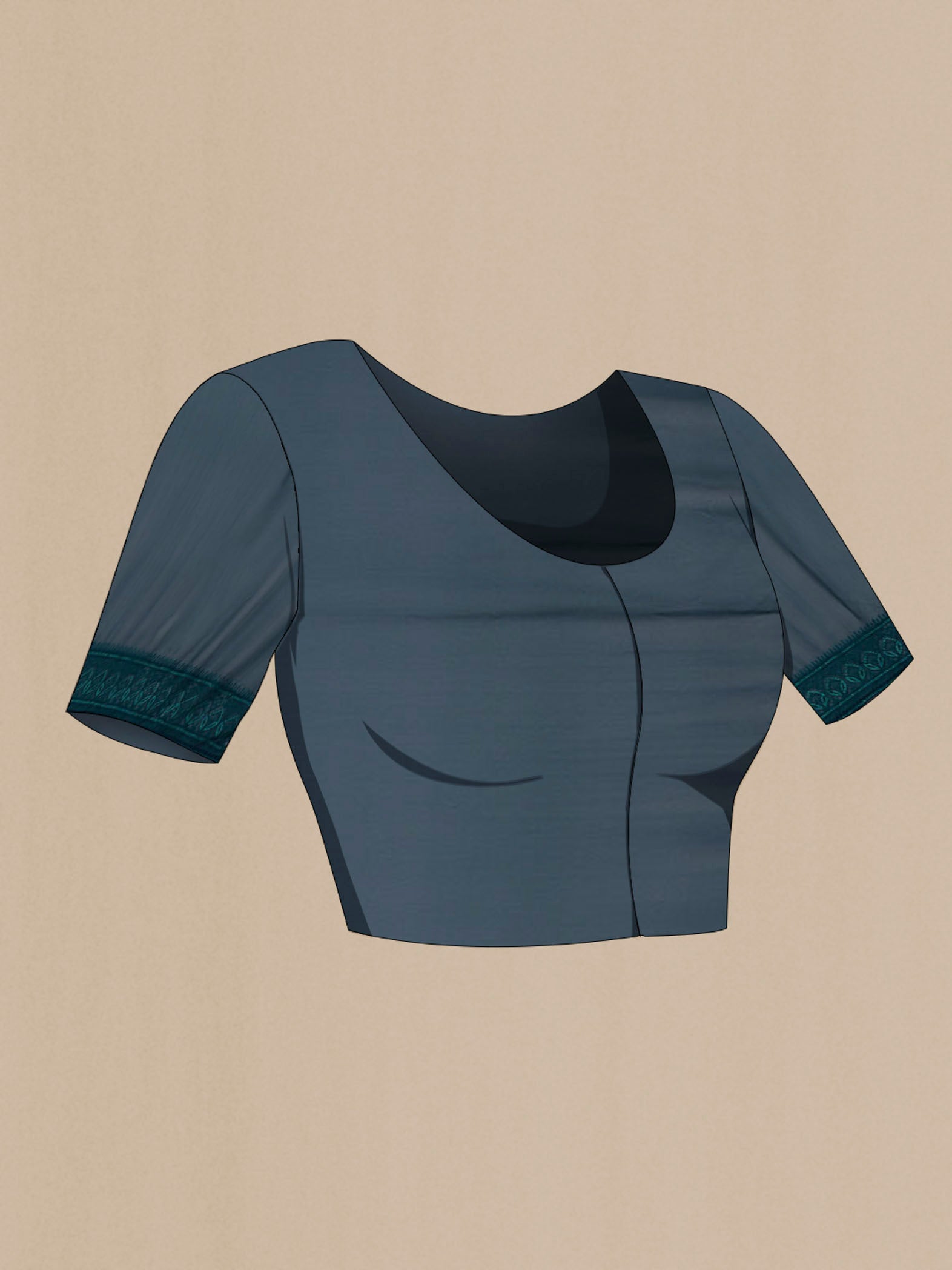 Close up image of the blouse of Blue Blended Georgette Saree with Embroidery on the body and Embroidery Border. 