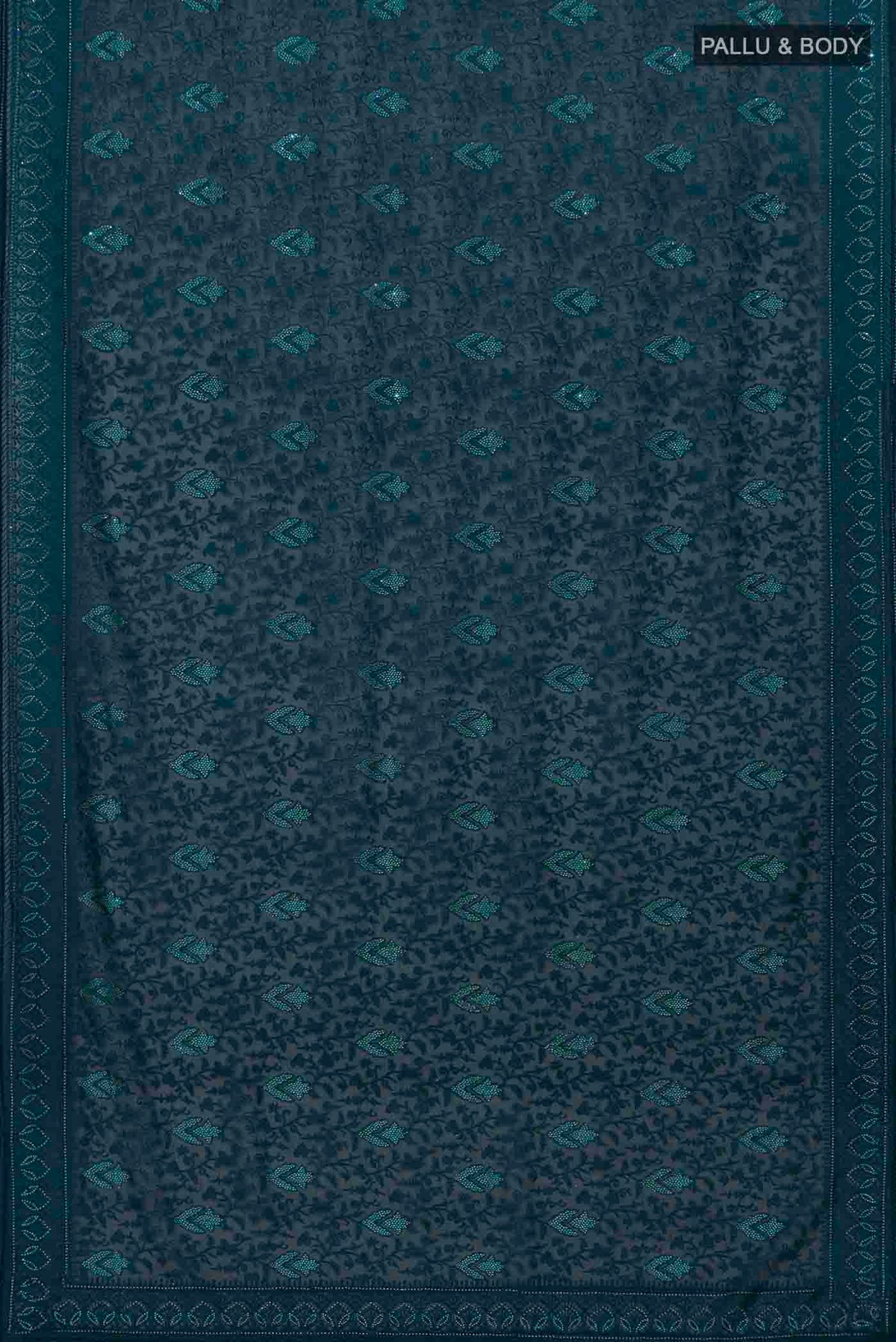 Flat view of Blue Blended Georgette Saree with Embroidery on the body and Embroidery Border. 