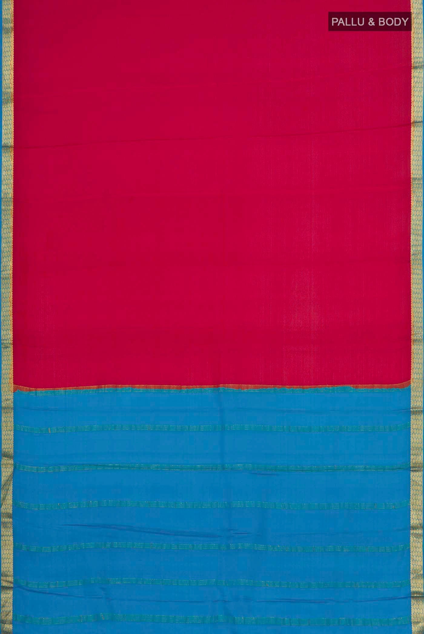 Flat view of Red Mysore Crepe Saree with Plain Body and Zari Border. 
